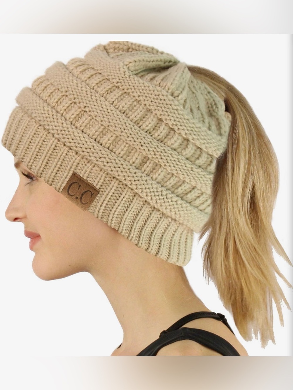 C.C Adult OS Beige Chunky Cable Knit Ponytail/Bun Beanie